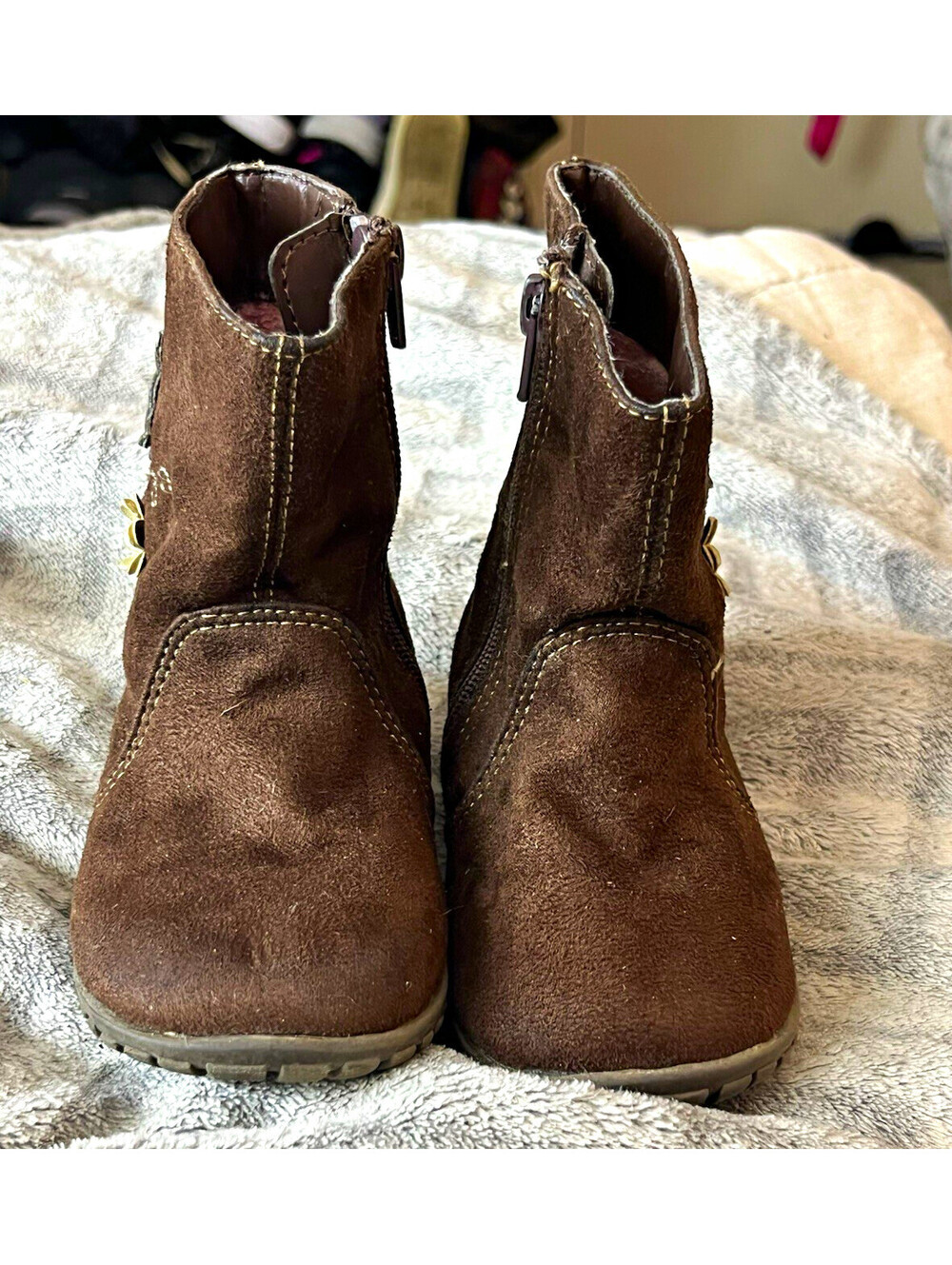 Smartfit Girls Brown Suede Ankle Bootie Zip Closure Flower Accent US 6 EU 22